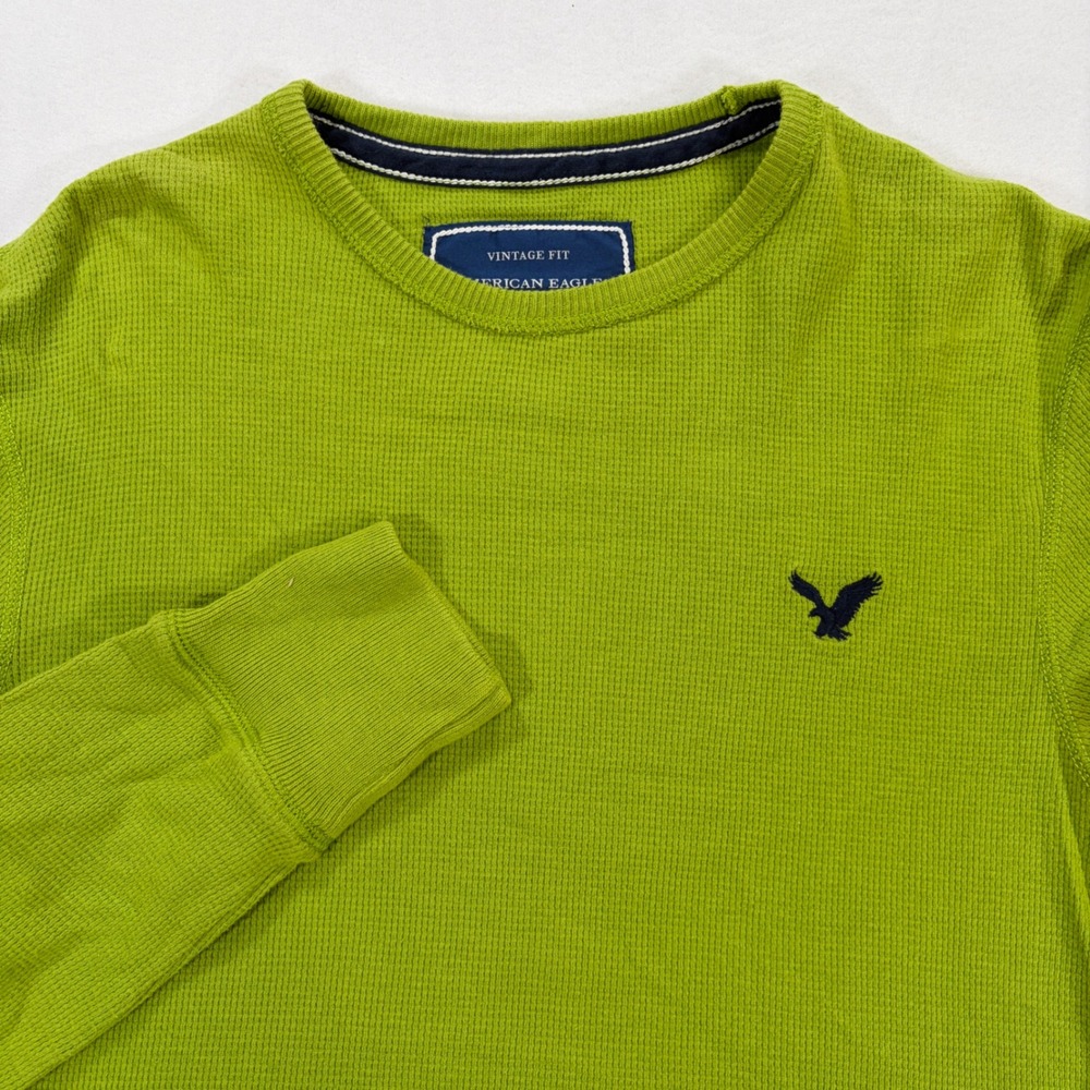 American Eagle Mens M Vintage Fit Thermal Shirt Lime Green Waffle Knit Y2K Logo